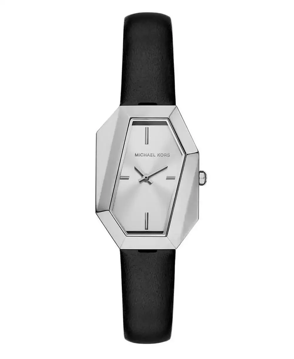 Michael Kors Watch Silver Geometric Case Black Leather Strap
